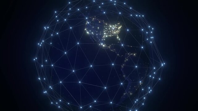 Planet Earth with Glowing Digital Plexus Network Zoom in to North America - 3d 4k animation (3840 x 2160 px)