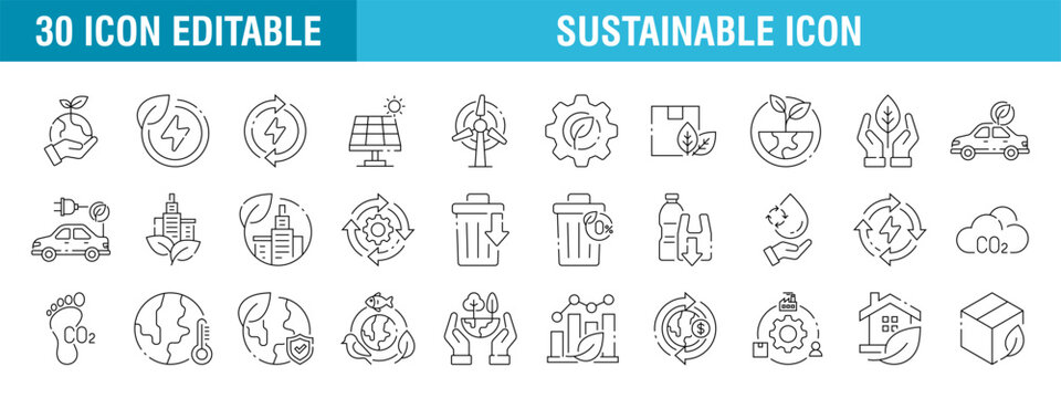 Collection of sustainable icons. Renewable, solar, energy, eco. Vector template editable stroke EPS 10.