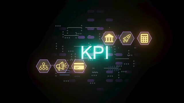 KPI is displayed in a digital style with icons representing various concepts like finance, analytics, and growth. This shows the focus on performance metrics.