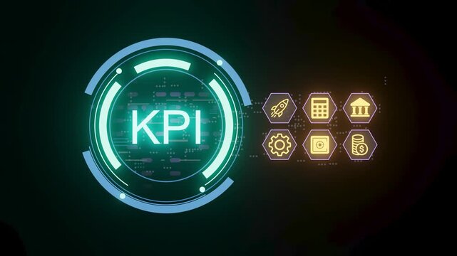 A digital display shows the term KPI in bright letters with several icons related to business performance indicators. This scene illustrates data analysis and metrics processing.
