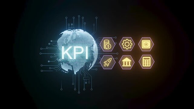 The visual shows a globe with the term KPI in the center. Icons around it represent data, growth, and technology. This setup highlights performance measurement in business.