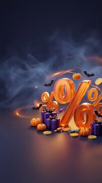 Halloween discount concept with glowing orange percent symbol, pumpkins, bats, wrapped gifts, coins, and smoky dark background illustration
