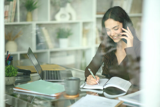 Happy young telecommuter writing in agenda attending phone call