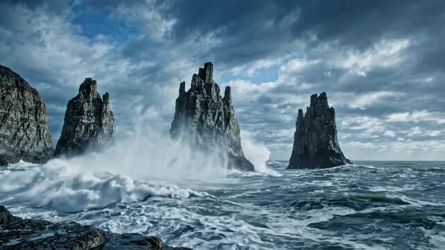 Dramatic ocean waves crash against jagged sea stacks under a stormy, cloudy sky