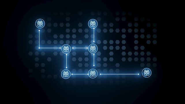 A flowchart displays nodes marked with gift icons. Bright lines connect each node. The background is dark, highlighting the flowchart design. No specific location or time indicated.