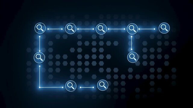 A digital network is shown with multiple search icons connected by lines. The background features a dark pattern in hexagonal shapes.