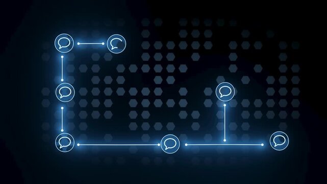 A network map shows various communication nodes. These nodes are connected by lines on a dark background. Each node has a speech bubble symbol, indicating dialogue or interaction.