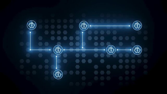 This visual displays a network structure with connected nodes represented by symbols. The background features a grid pattern. The design highlights digital communication or data transmission.