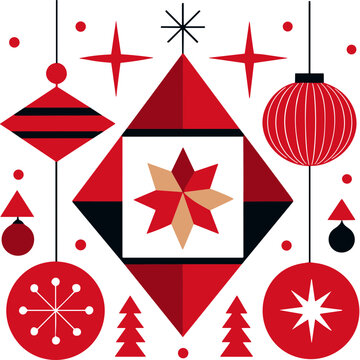 Geometric Christmas Ornament Composition with Poinsettia, Baubles, Stars and Trees, Editable Vector Isolated on Transparent Background