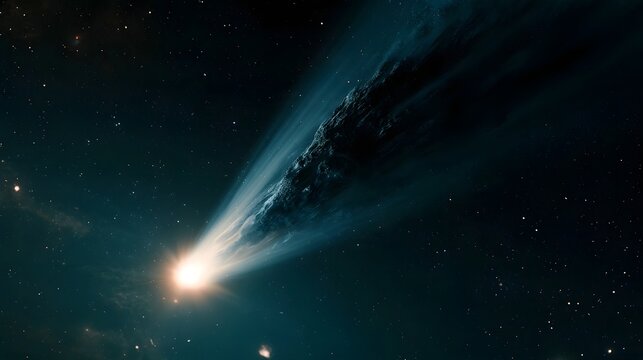 A luminous comet streaks through deep space  trailing a brilliant blue ionized tail against a star studded cosmic backdrop