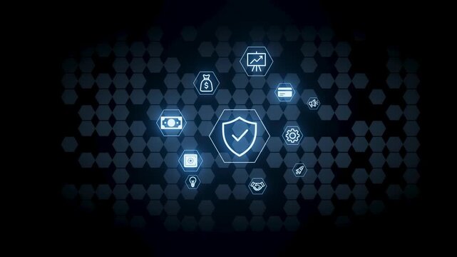 Various icons show themes of security and finance. The icons include money, charts, and shields among a dark pattern. The display focuses on digital concepts.