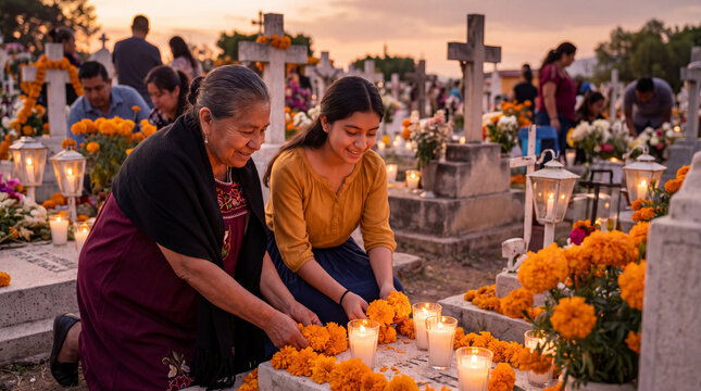 Women arranging marigolds and candles beside decorated graves during Dia de los Muertos at a cemetery at sunset