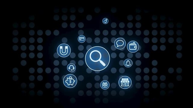 A blue graphic on a dark background displays various search icons. These icons represent features like messaging, shopping, notifications, and more.