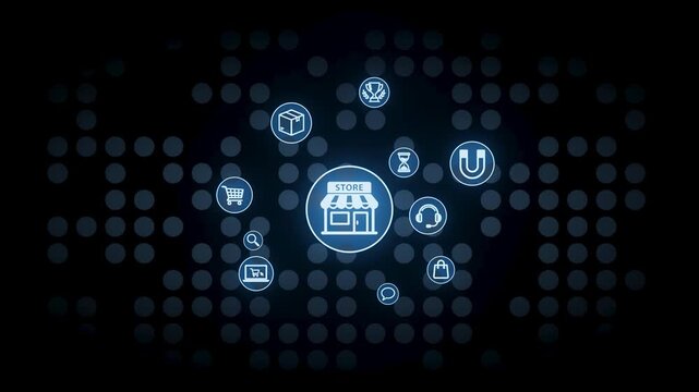 Various digital icons surround a central store graphic, showing shopping activities like browsing, purchasing, and item delivery in a virtual shopping environment.