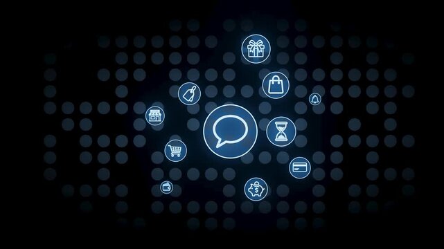 Various digital icons are shown on a dark background. These icons represent shopping, messaging, alerts, and other online activities. The design suggests connectivity among these activities.