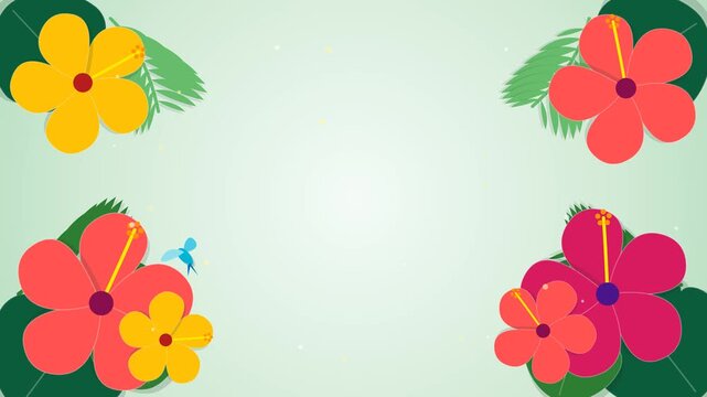 Tropical hibiscus flower floral background video animation loop, colorful summer botany frame copy space for promo, vibrant hawaiian floral video border