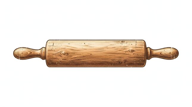 Antique wooden rolling pin isolated on a white background with a detailed textured surface and decorative ends