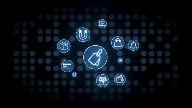 Various icons show different aspects of shopping and online retail in a digital space. These include carts, packages, and payment options, all connected visually.