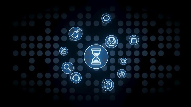 In a dark background, multiple blue icons are arranged around a central hourglass symbol. The icons represent different concepts like gifts, communication, and achievements.