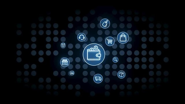 A digital wallet is in the center with icons around it representing shopping bags, cash, and payment methods. This shows modern payment options in digital transactions.