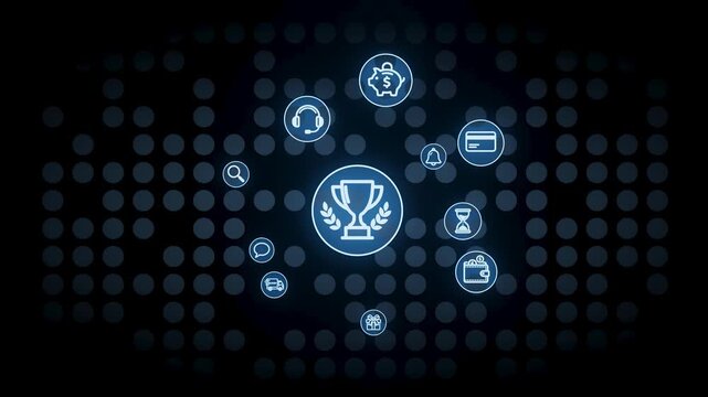 A graphic displays several icons connected around a central trophy symbol. Icons include money, notifications, and search themes. The setting has a dark background with bright symbols.