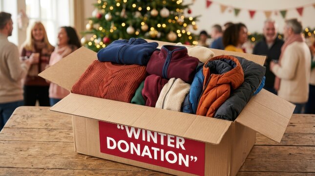Cardboard box filled with warm winter clothes and winter donation sign inside a festive holiday party room with diverse people volunteering together