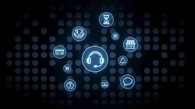 Various customer service icons and tools like a headset, timer, and shopping cart. The design highlights online support activities and their importance.