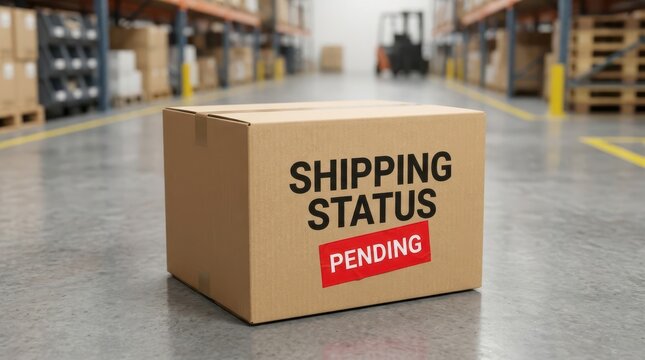 Cardboard shipping box marked pending status sitting on a warehouse concrete floor representing supply chain delays and logistics fulfillment backlog