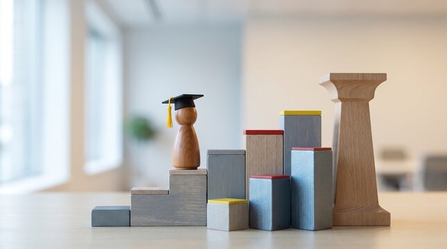 Wooden peg doll wearing graduation mortarboard on rising wooden blocks symbolizing academic achievement and career growth