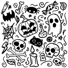 Fototapeta premium Hand drawn Halloween doodles set with cute ghosts, pumpkins and skulls