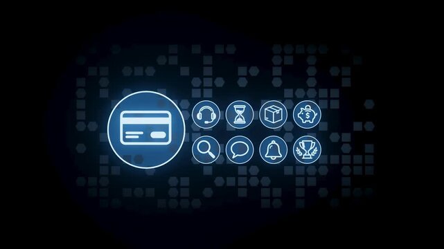 Various digital icons show payment methods and shopping features. The scene uses a dark background with blue graphics. This highlights online transaction elements clearly.