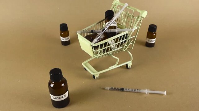 Miniature shopping cart filled with vaccine vials and syringes on a brown background. Representing the commercialization. Cost. And logistics of healthcare. Medicine. And global immunization programs