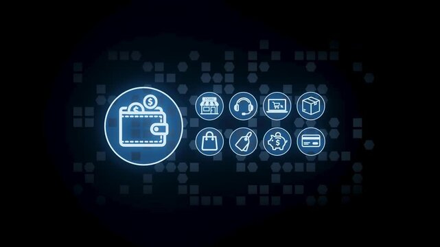 Several icons related to digital wallets are displayed on a dark background. Icons show functions like shopping, sending money, and receiving notifications.