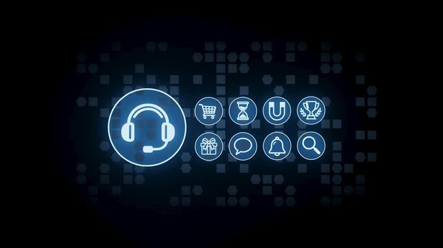 The scene shows multiple icons related to customer service and online shopping. A headset icon is central, surrounded by icons for shopping, timers, and notifications.