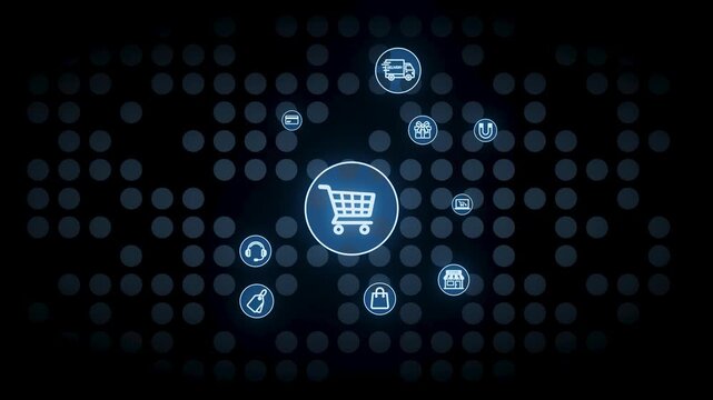 A central shopping cart icon surrounded by various icons that represent different products and services in an online shopping context.