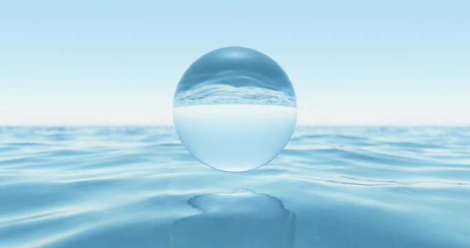 Glass sphere on wave beach and blue sky abstract background. Copy space for product presentation. 3d render.		