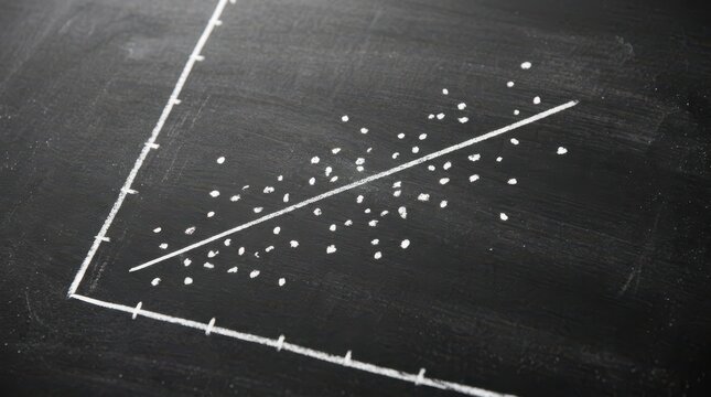 Chalkboard showing a scatter plot diagram with a positive linear regression trend line drawn in white chalk for statistical data analysis