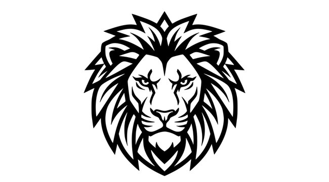 Create an original lion head vector emblem designed for logos, icons, profile pictures, badges, and branding applications. Show a powerful front-facing lion head with a symmetrical geometric mane, bol