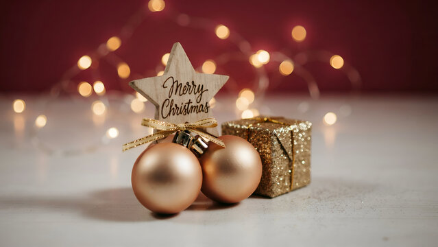 Christmas composition with a wooden star, golden ornaments, and a glittery gift box against a blurred festive light background