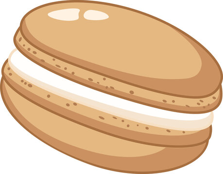 Illustration of a single brown macaron, featuring two smooth, rounded meringue shells with classic texture sandwiching a thick layer of white creamy filling.