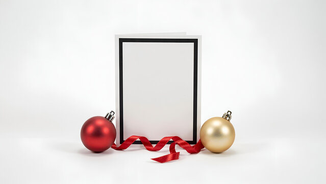 Blank greeting card with red and gold christmas ornaments and a red ribbon isolated on white background
