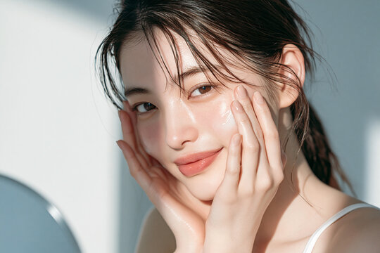 鏡の前で肌のケアをしているアジア人女性。美容、スキンケア用素材