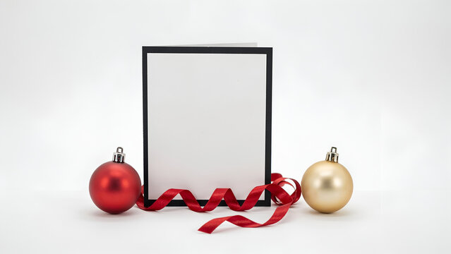 Blank greeting card with red ribbon and christmas ornaments isolated on white background