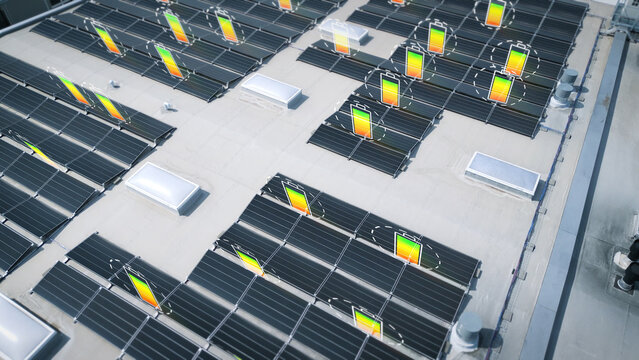 Glowing energy lines travel across rooftop solar panels in a cinematic aerial view, illustrating clean power technology for sustainability marketing and business campaigns