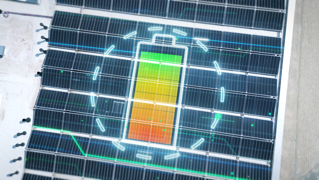 Top-down drone shot of a rooftop solar array with a large glowing battery gauge and green data lines, visualizing clean energy storage for utility and ESG campaigns.