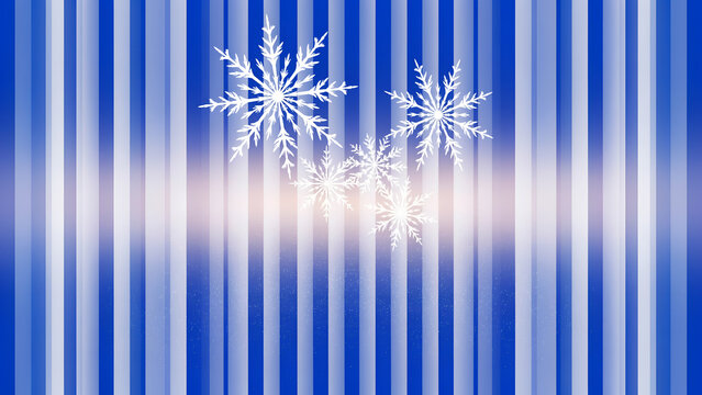 Abstract winter background with white snowflakes on a blue striped backdrop with a soft glowing light effect