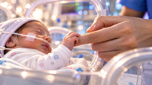 Premature newborn receiving specialized medical care in a neonatal intensive care unit while holding a parent's finger