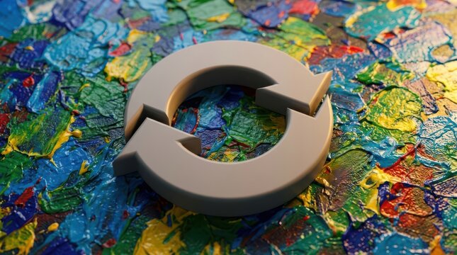 Circular recycle symbol crafted in solid grey resting upon a vibrant expressive textured oil painting background featuring bold colorful artistic