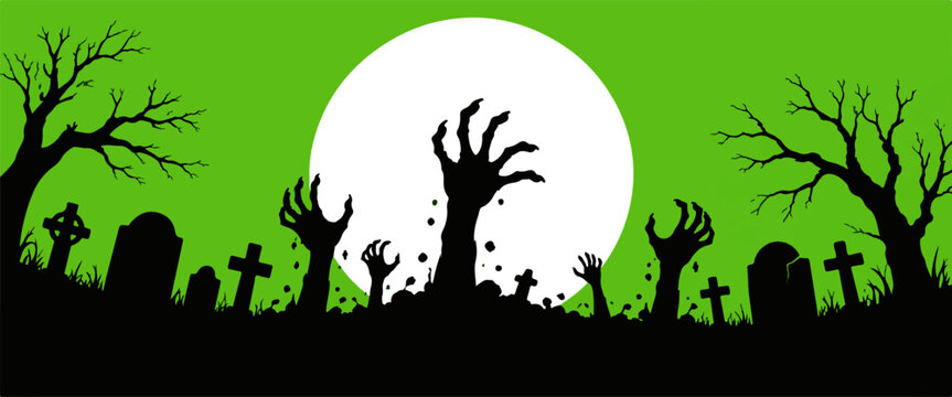 Zombie hands rising from graveyard against a big white moon on green sky