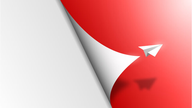 An image of a paper airplane flying to the right with red paper peeling off. A vector background suitable for presentations, business, education, promotions, banners, posters, flyers, and more.